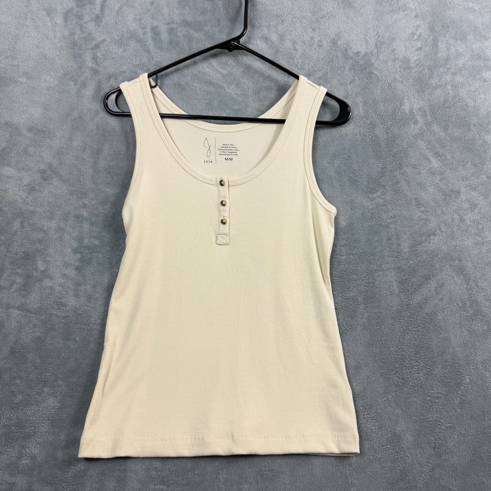 Joie Womens Medium Cream Ribbed Henley Tank Top Tencel Modal Quiet Luxury Basic